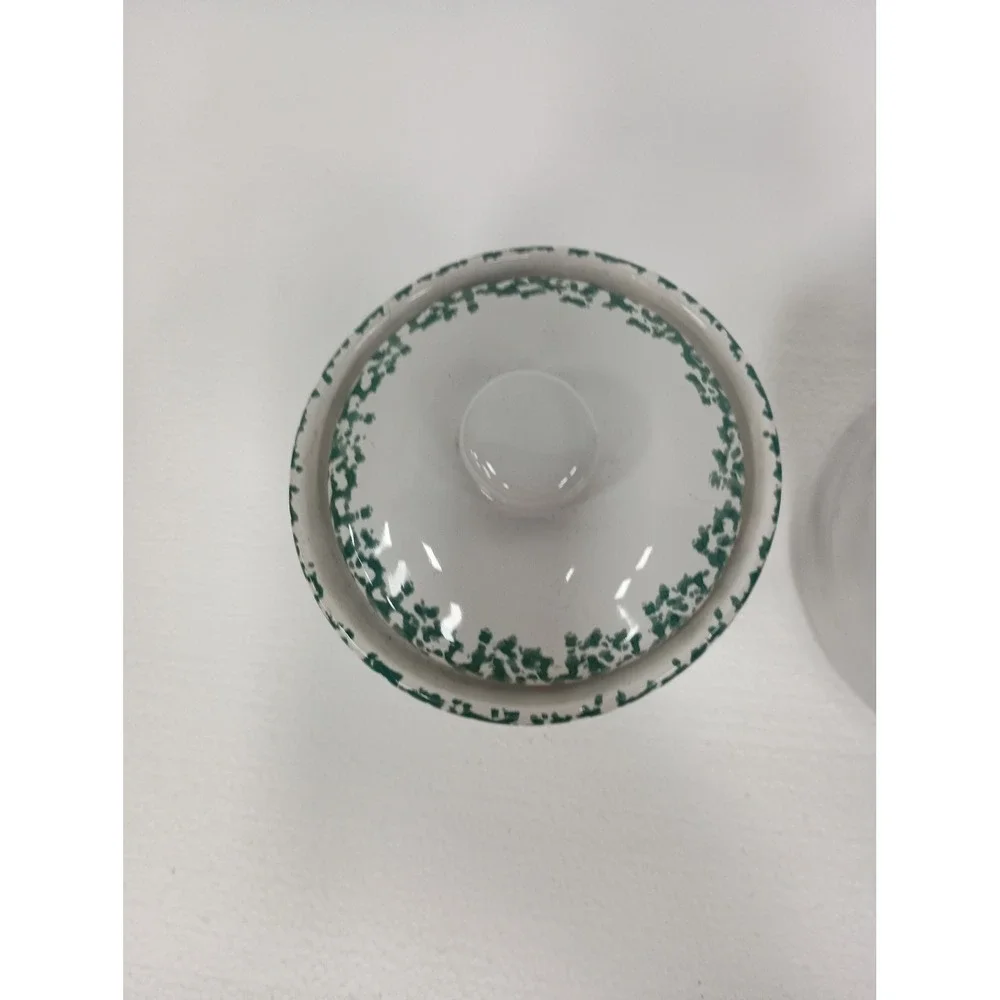 Vintage Canister Set of 2 White Green Heart Sponge Print Coutry Cottage Kitchen